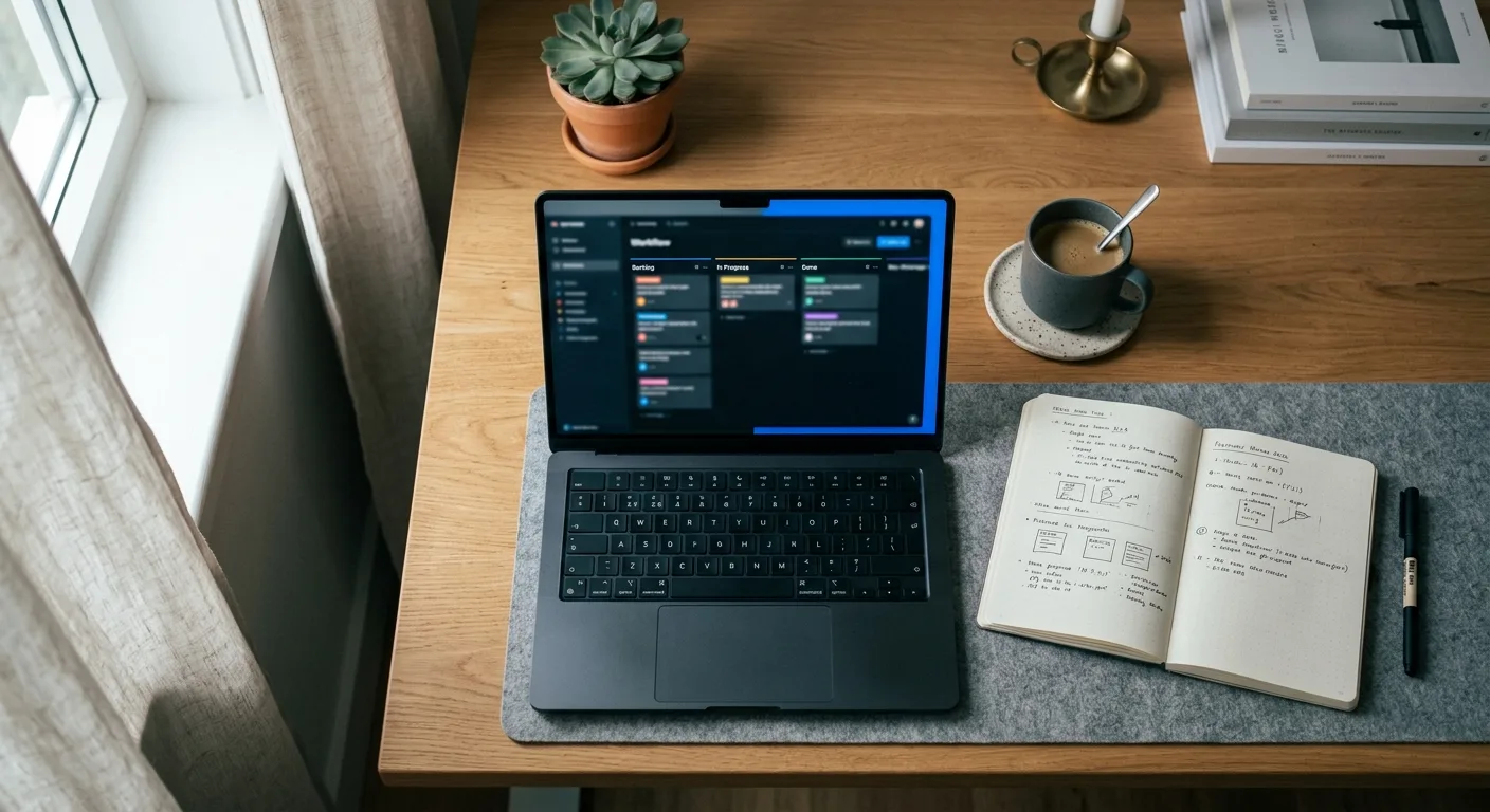 Overhead desk shot of a laptop with a workflow board on screen