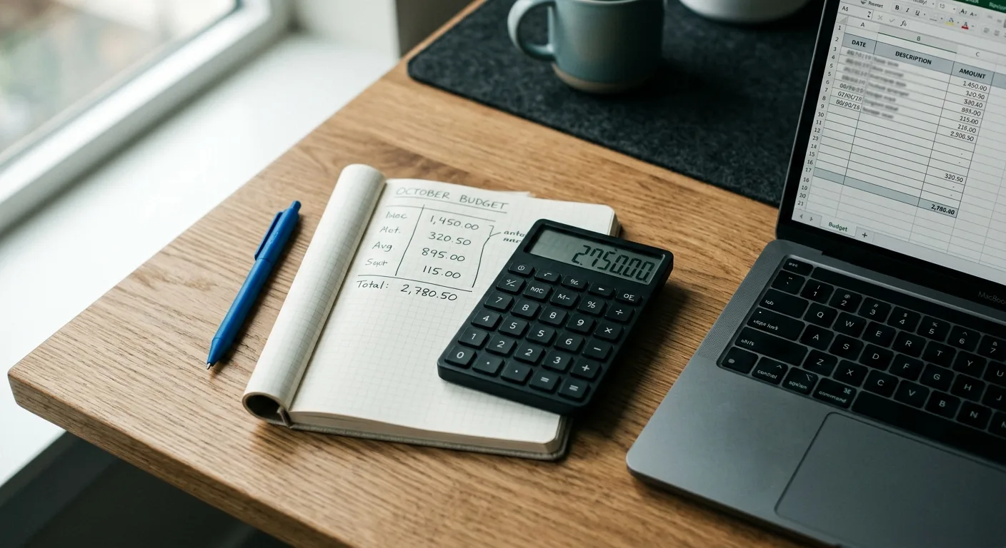 Overhead desk with calculator, notebook and laptop showing a budget