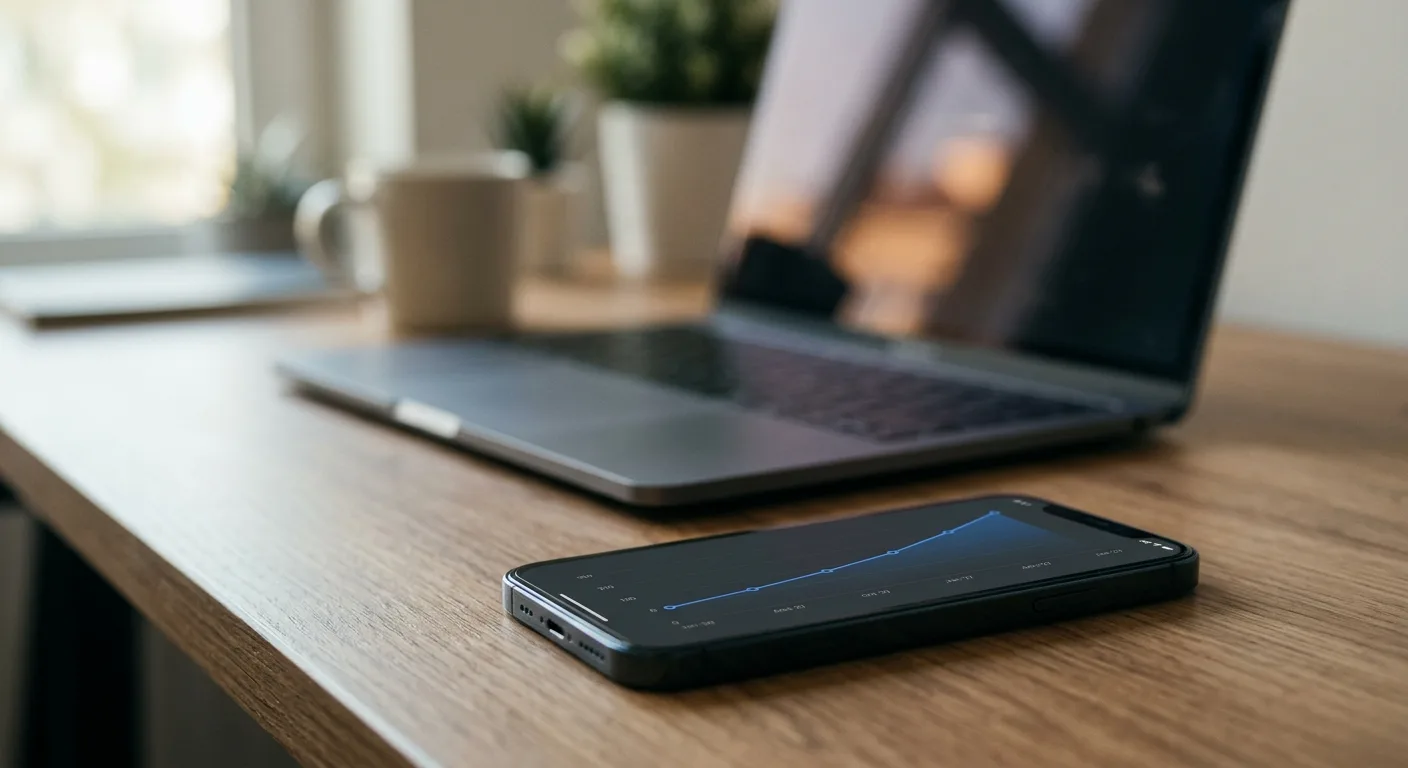 Phone showing a social media ads performance graph on a modern desk