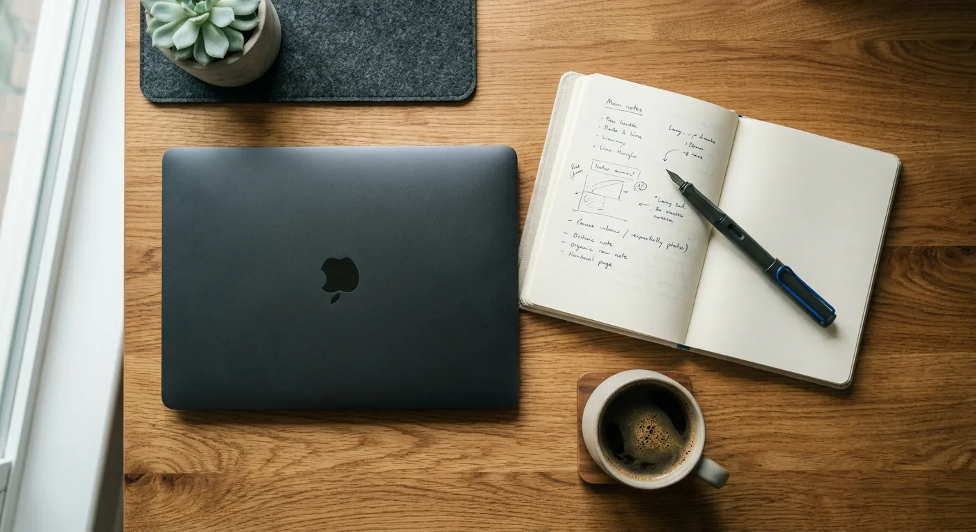 Overhead workspace flat-lay with laptop, notebook and coffee