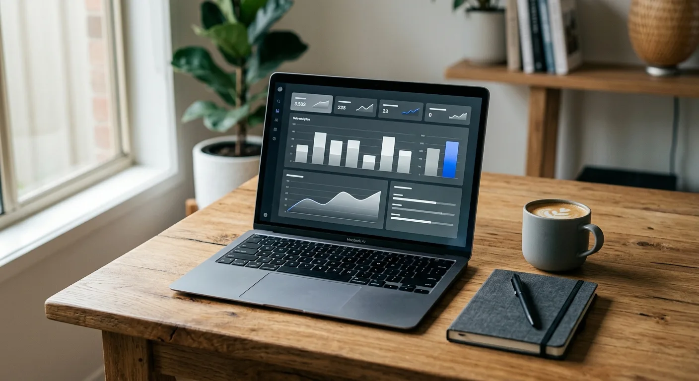 Laptop on a wooden desk showing an analytics dashboard