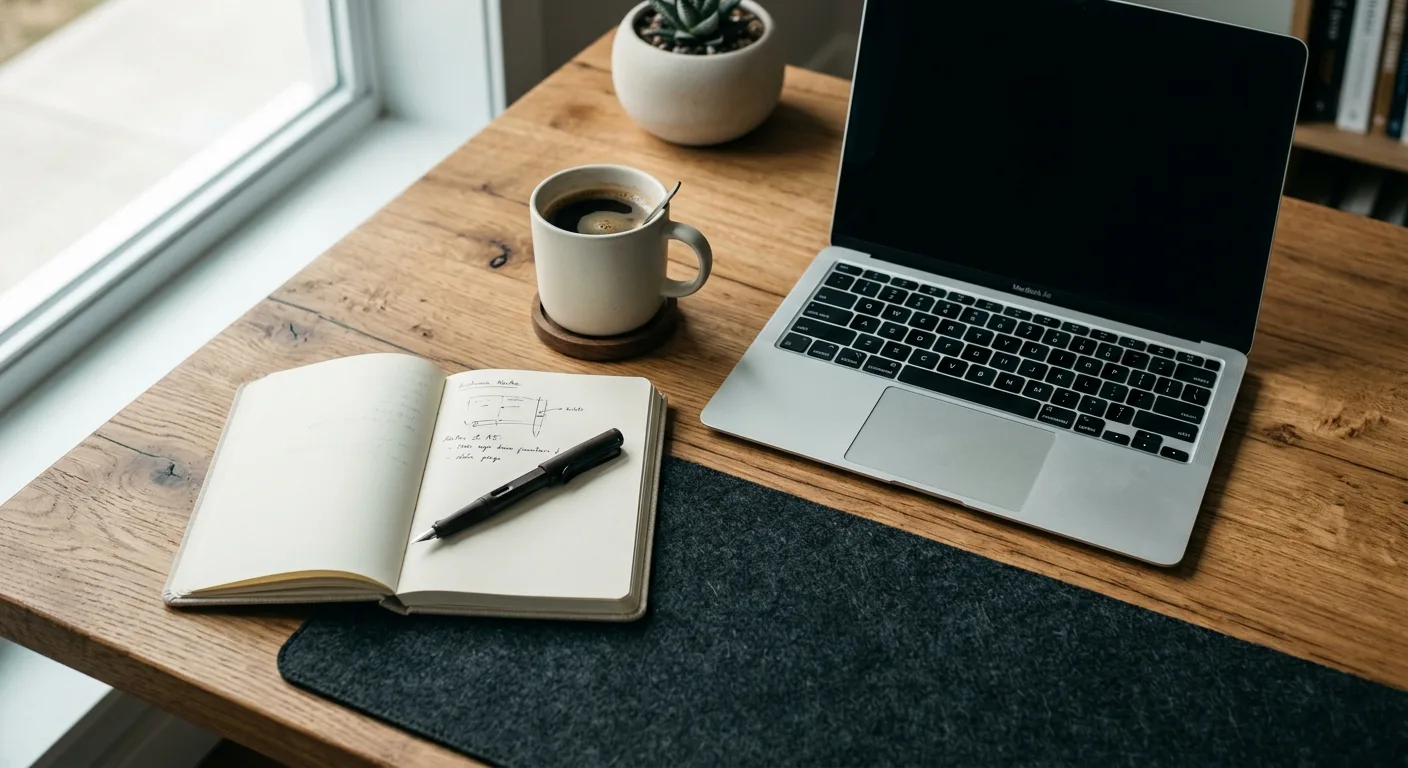 Overhead workspace flat-lay with laptop, notebook and coffee
