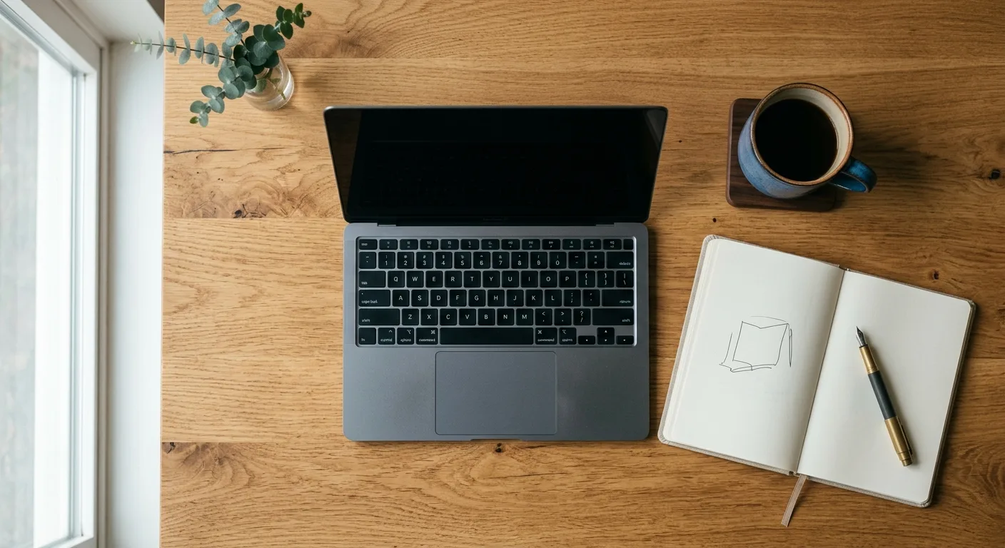 Overhead workspace flat-lay with laptop, notebook and coffee