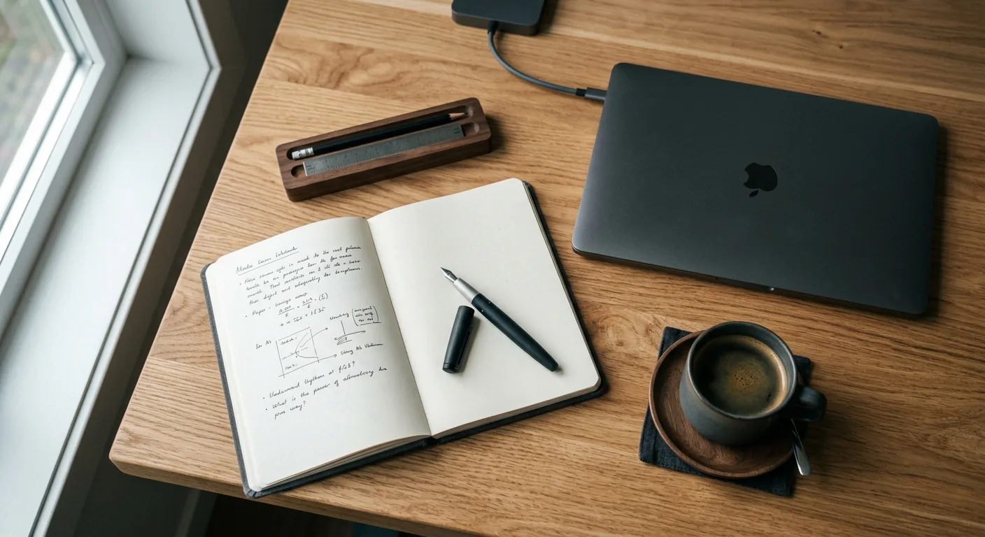 Overhead workspace flat-lay with laptop, notebook and coffee