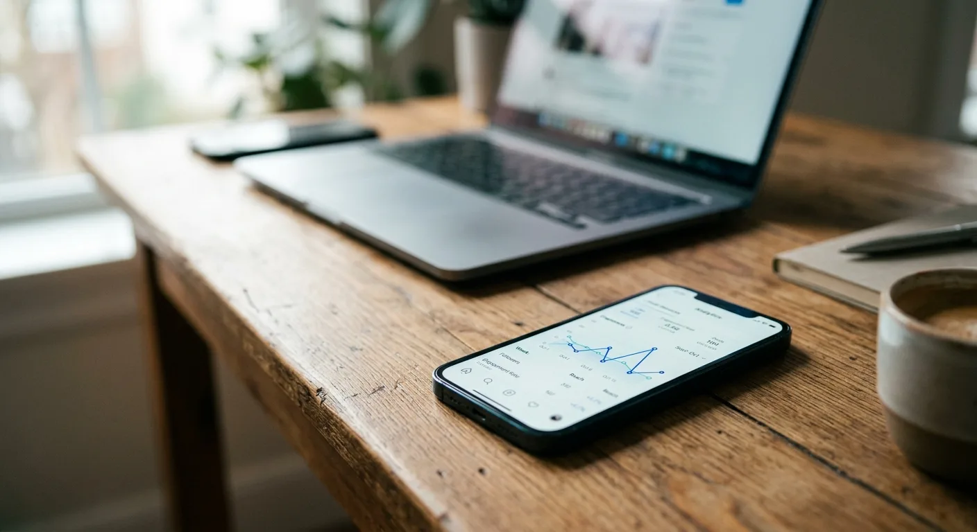 Phone showing a social media ads performance graph on a modern desk
