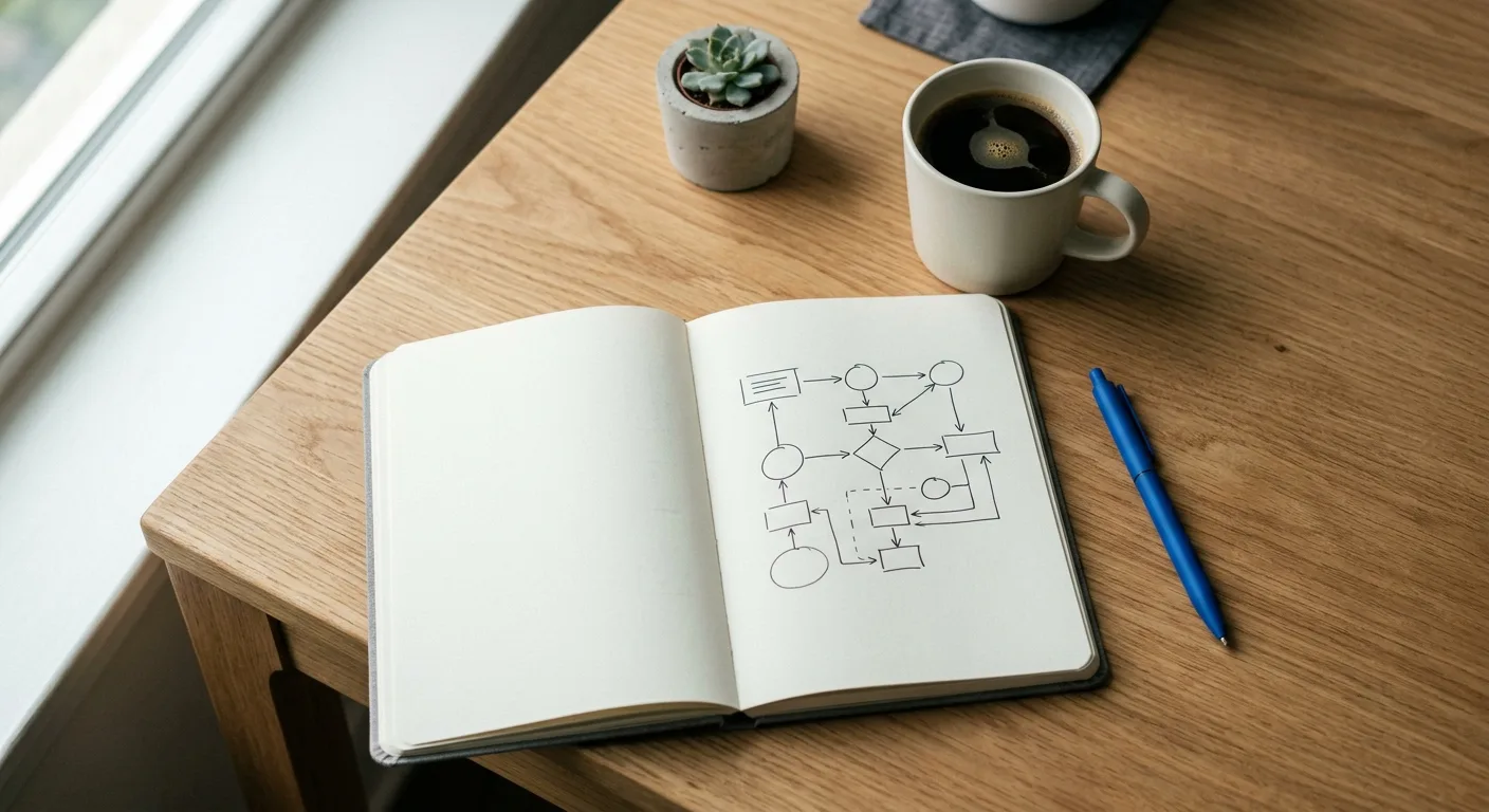 Overhead desk flat-lay with a strategy diagram in a notebook