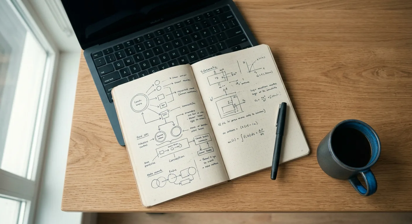 Overhead desk shot with notebook showing a marketing funnel diagram