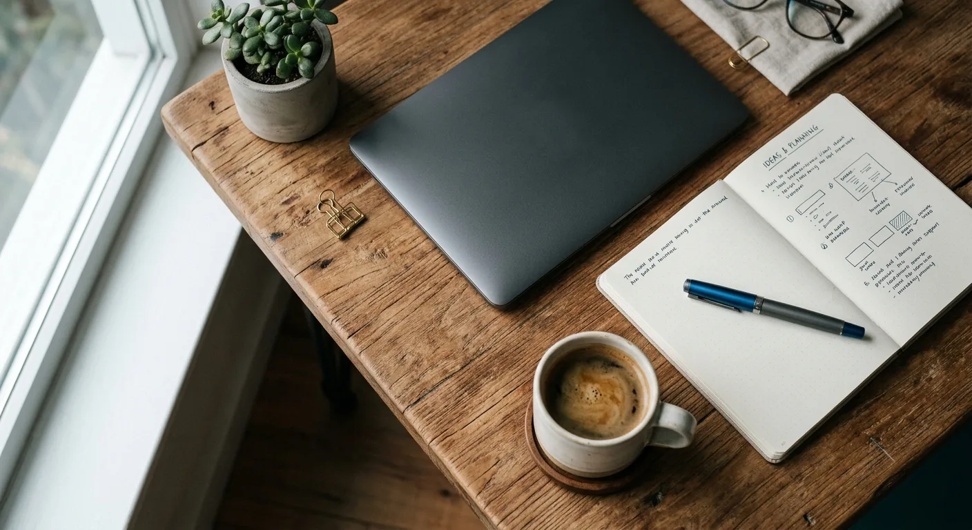 Overhead workspace flat-lay with laptop, notebook and coffee