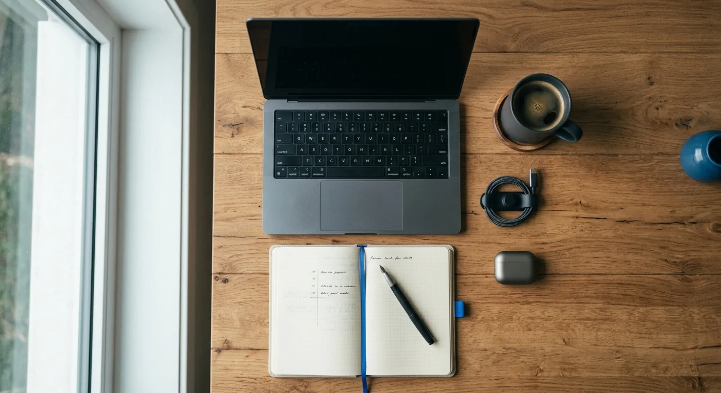 Overhead workspace flat-lay with laptop, notebook and coffee
