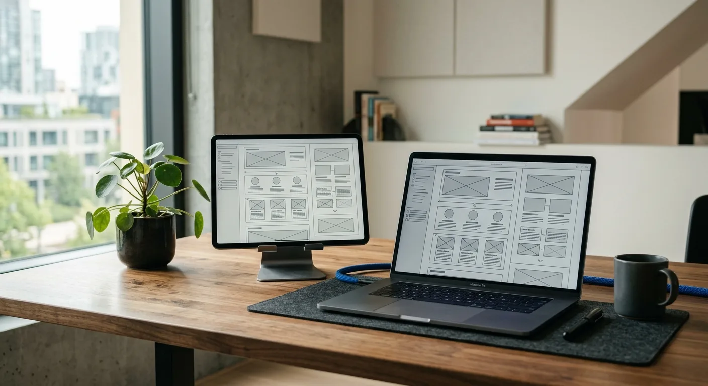 Tablet and laptop on a minimalist desk showing a website wireframe