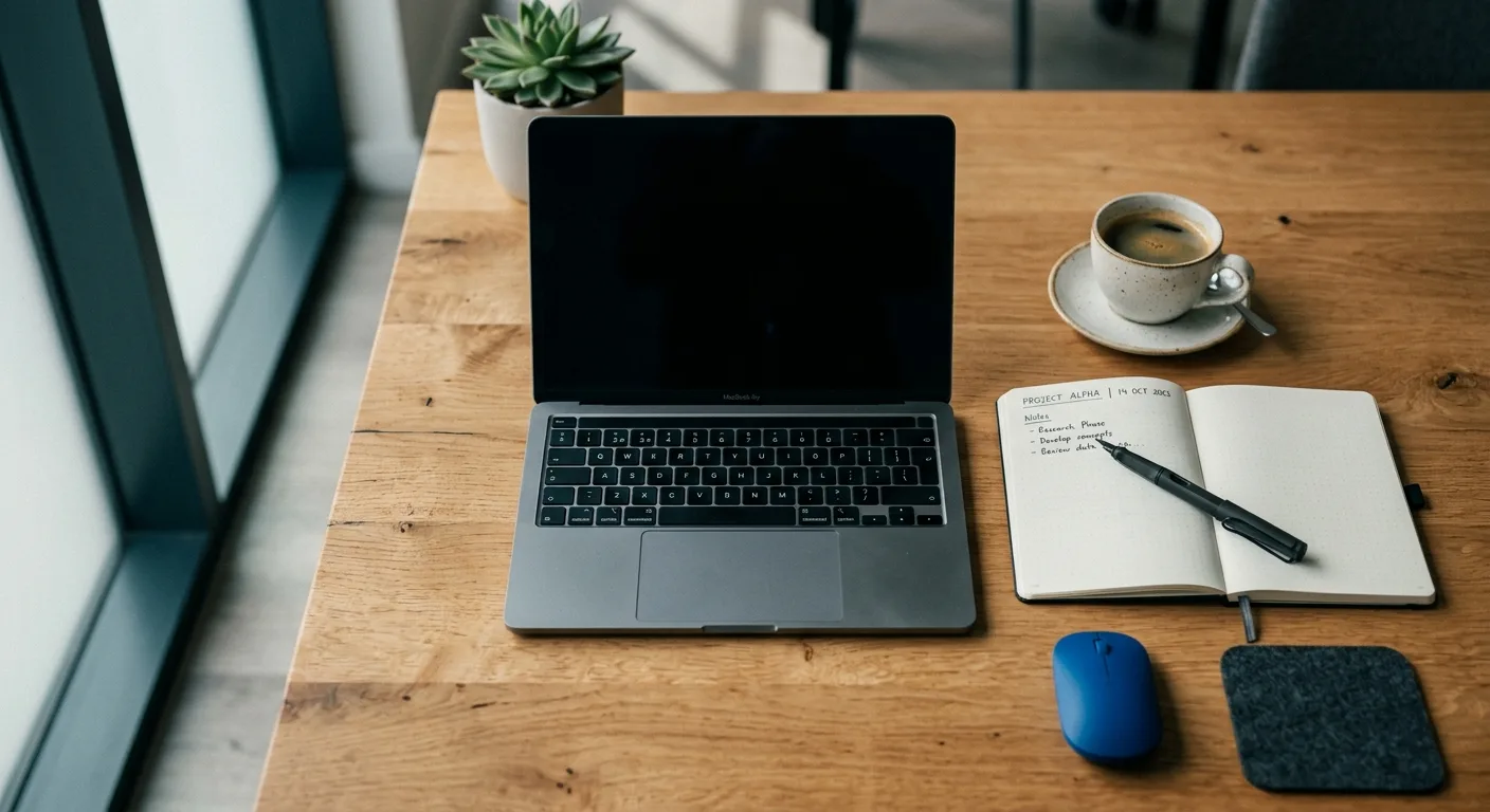 Overhead workspace flat-lay with laptop, notebook and coffee