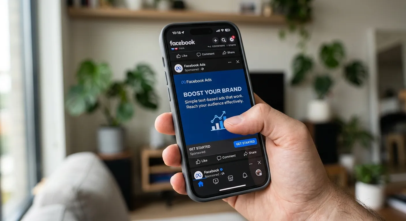 Hand holding a smartphone showing a simple text-based static image ad in a Facebook feed