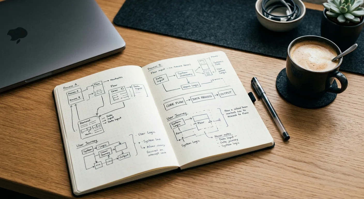 Overhead desk shot with notebook showing a marketing funnel diagram