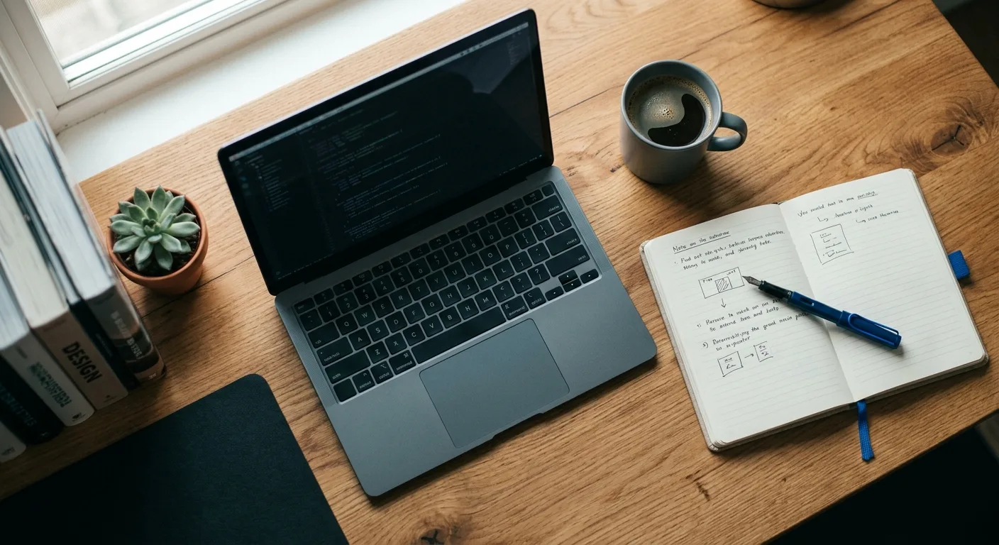 Overhead workspace flat-lay with laptop, notebook and coffee