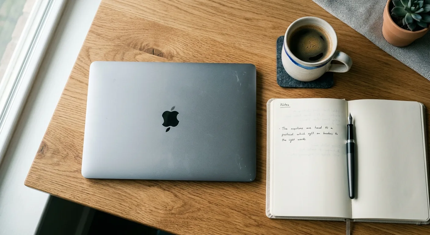 Overhead workspace flat-lay with laptop, notebook and coffee