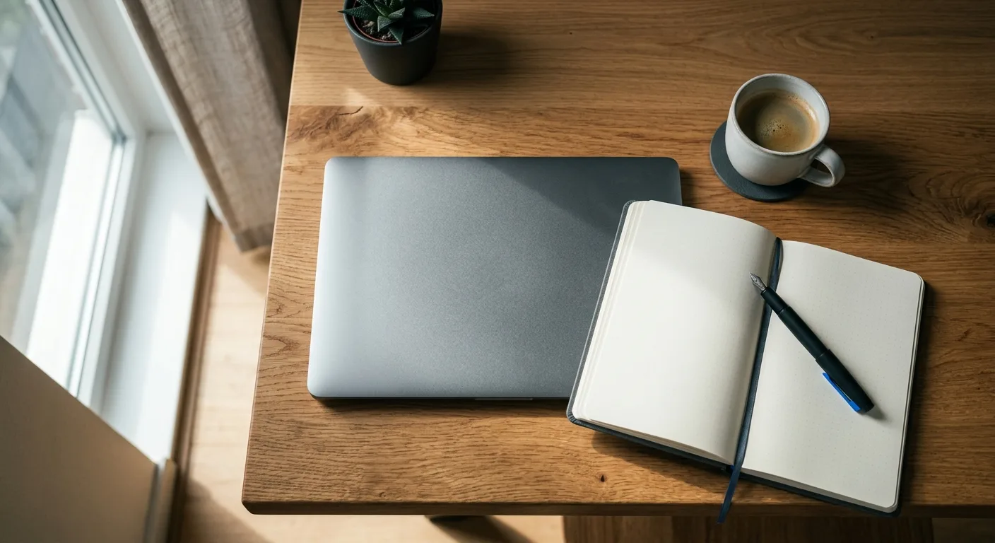 Overhead workspace flat-lay with laptop, notebook and coffee