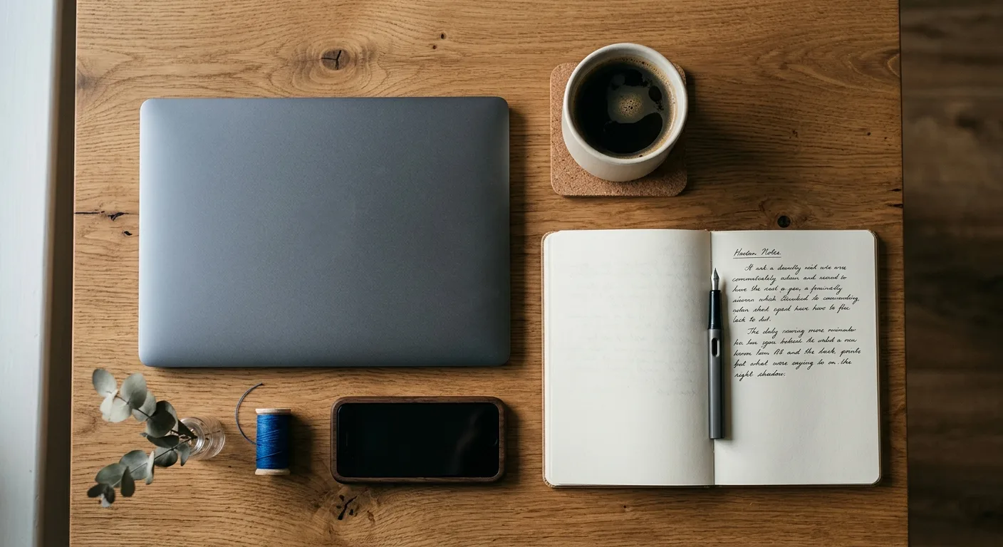 Overhead workspace flat-lay with laptop, notebook and coffee