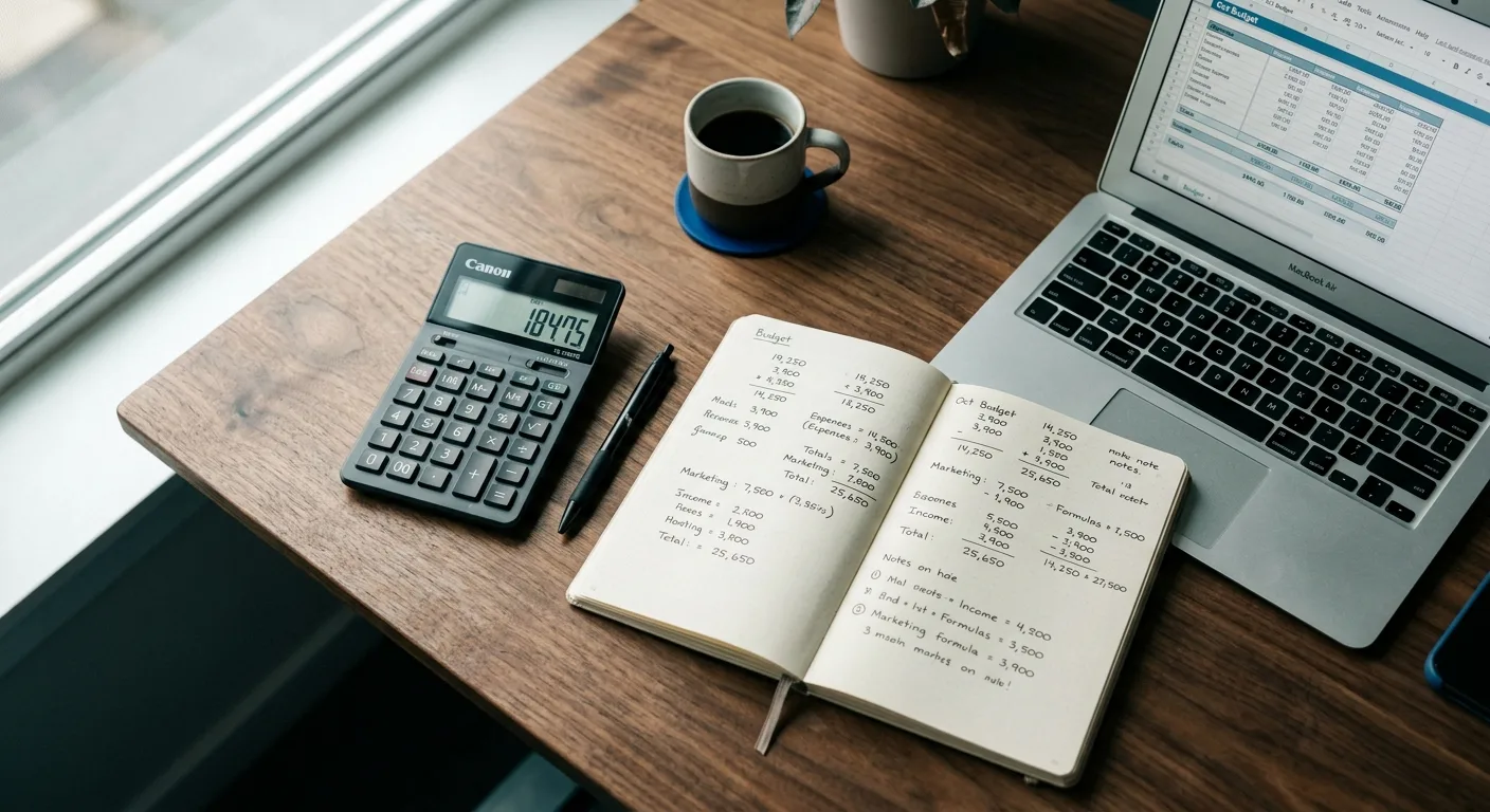 Overhead desk with calculator, notebook and laptop showing a budget