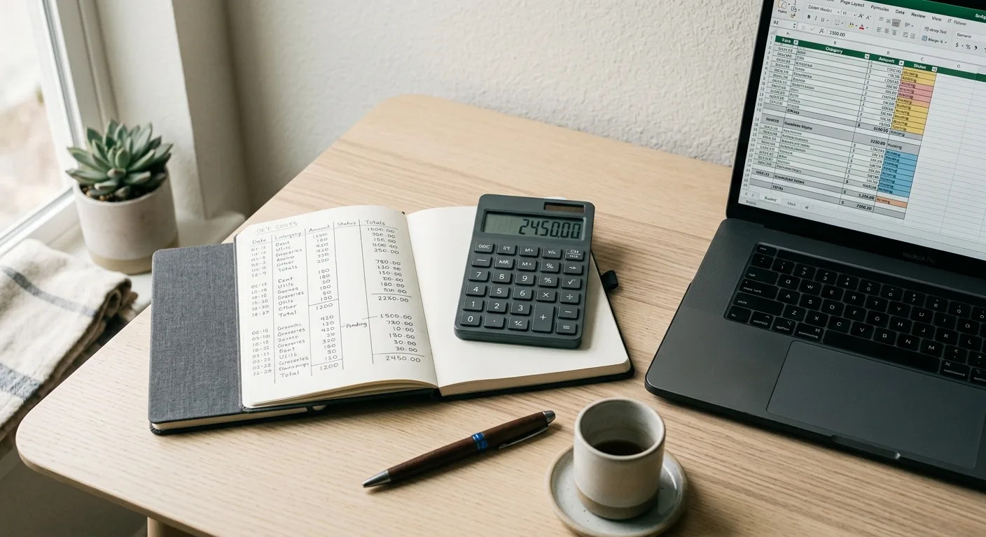 Overhead desk with calculator, notebook and laptop showing a budget
