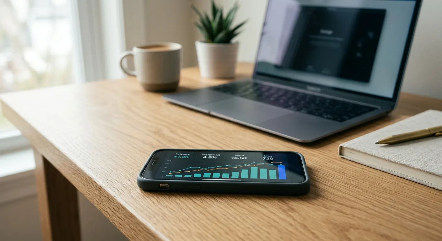 Phone showing a social media ads performance graph on a modern desk