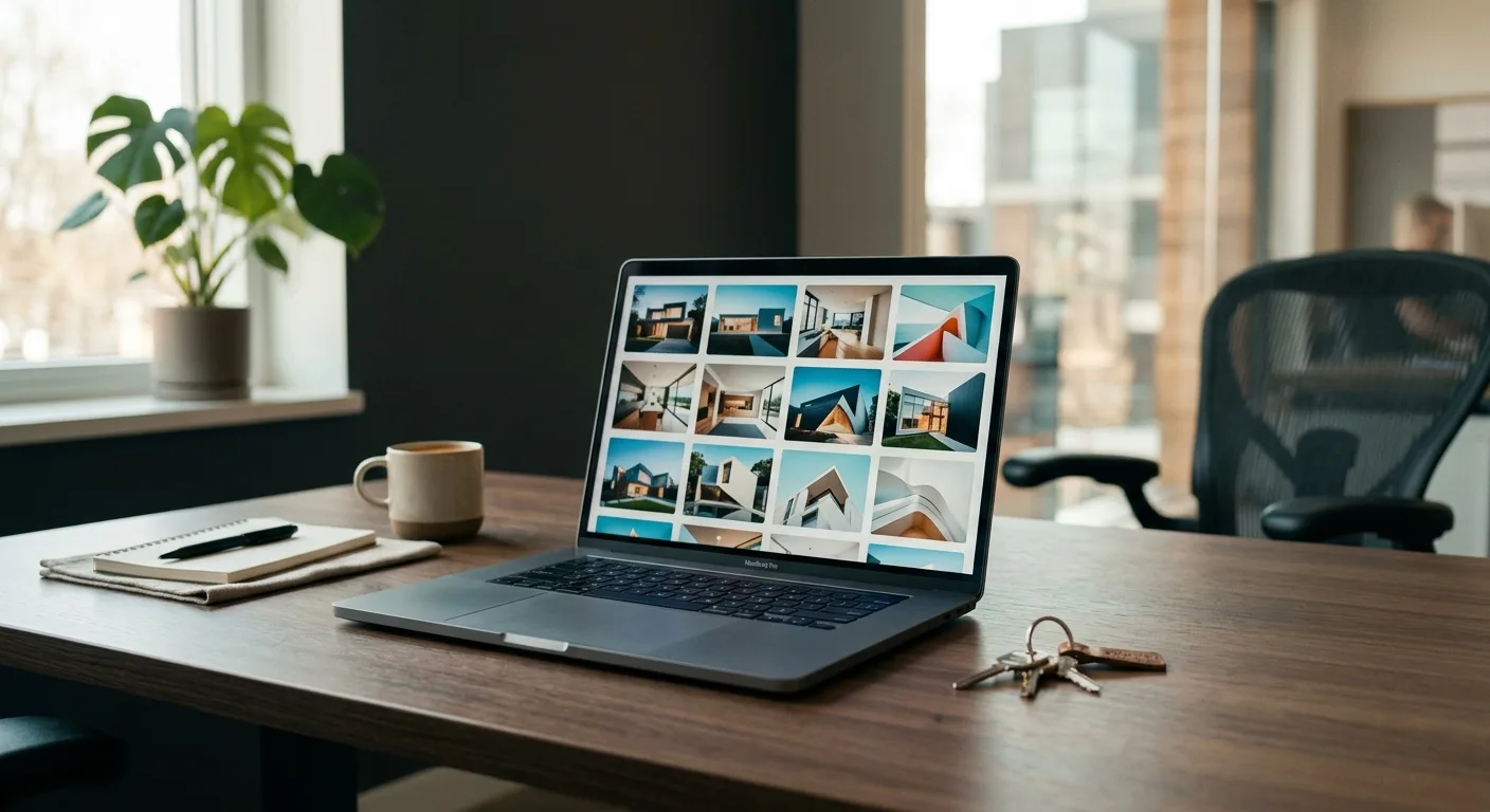 Real estate desk with laptop showing property listings