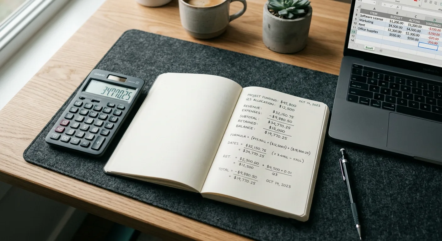 Overhead desk with calculator, notebook and laptop showing a budget