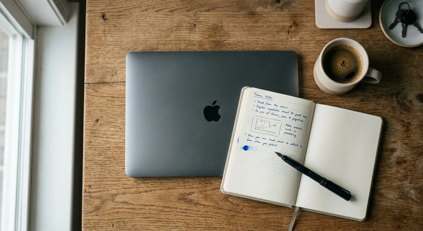 Overhead workspace flat-lay with laptop, notebook and coffee