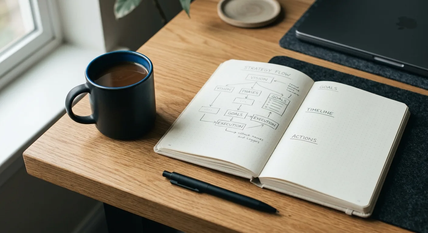 Overhead desk flat-lay with a strategy diagram in a notebook