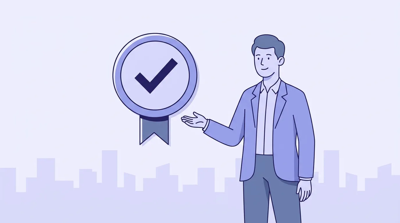 Line-art illustration of a person presenting a verified partner certification badge with a checkmark