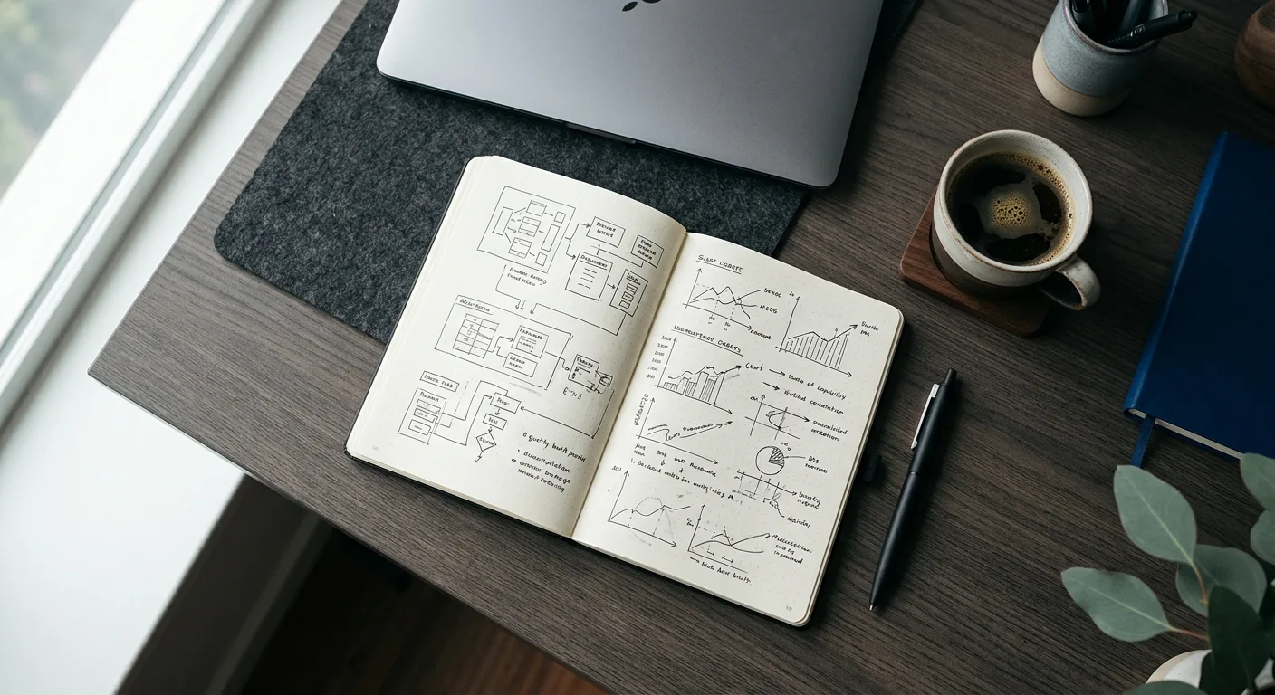 Overhead desk shot with notebook showing a marketing funnel diagram