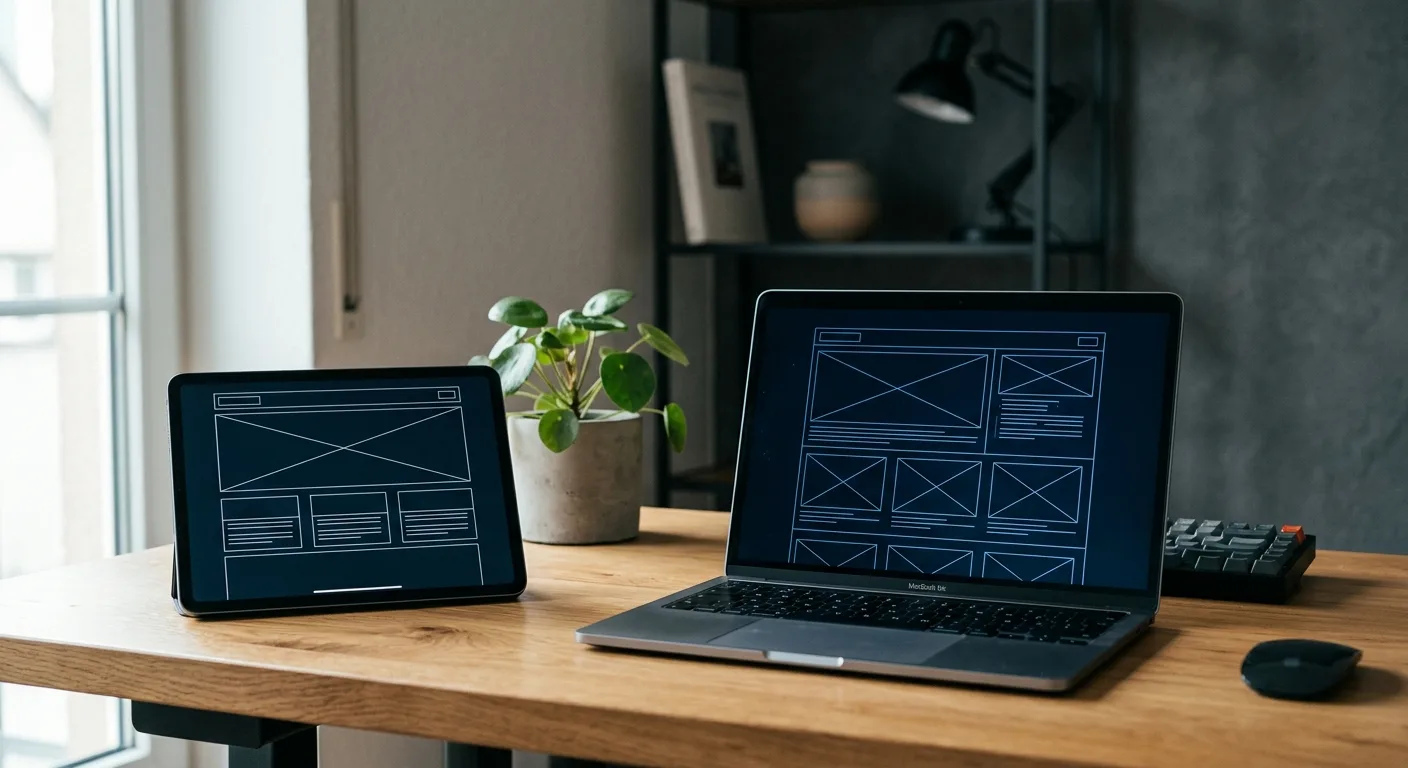Tablet and laptop on a minimalist desk showing a website wireframe