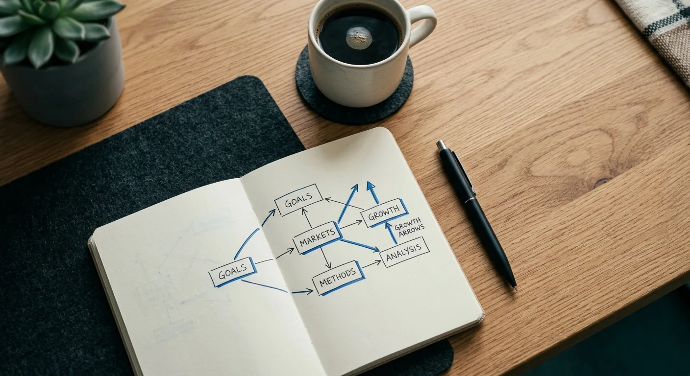 Overhead desk flat-lay with a strategy diagram in a notebook