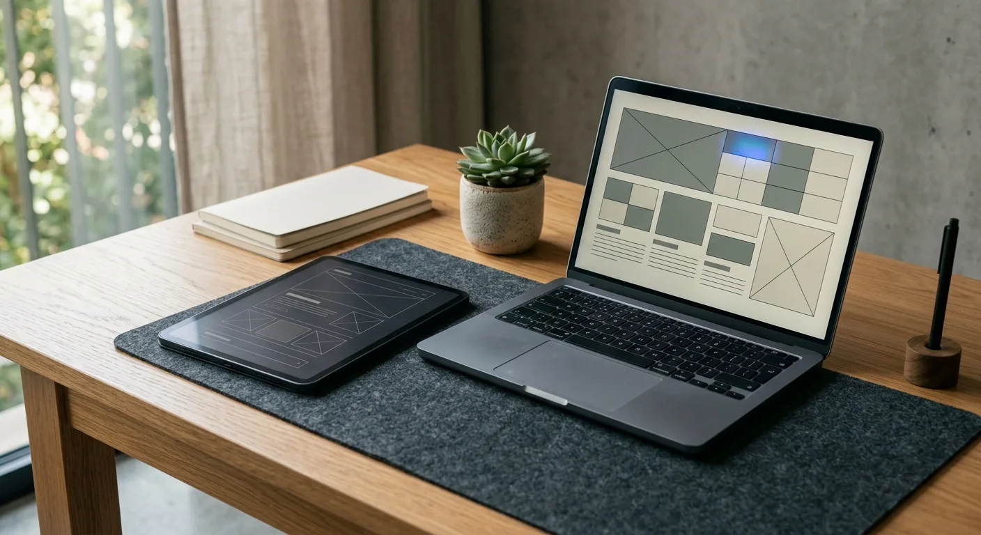 Tablet and laptop on a minimalist desk showing a website wireframe