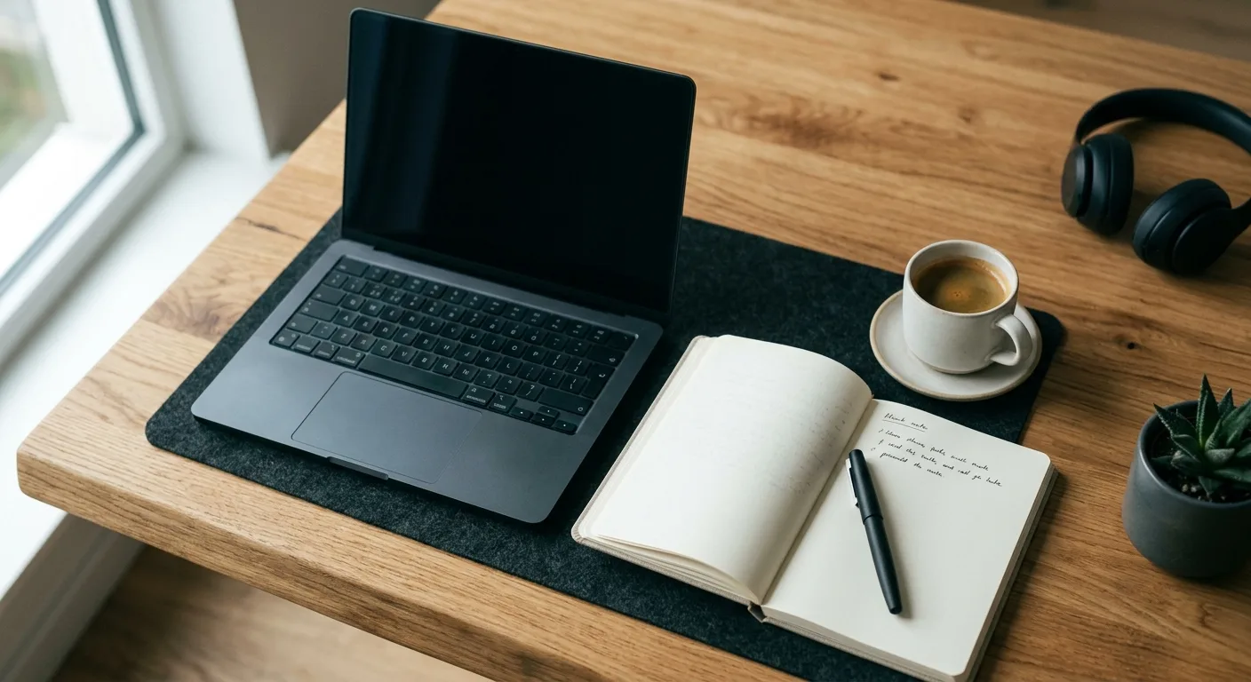 Overhead workspace flat-lay with laptop, notebook and coffee