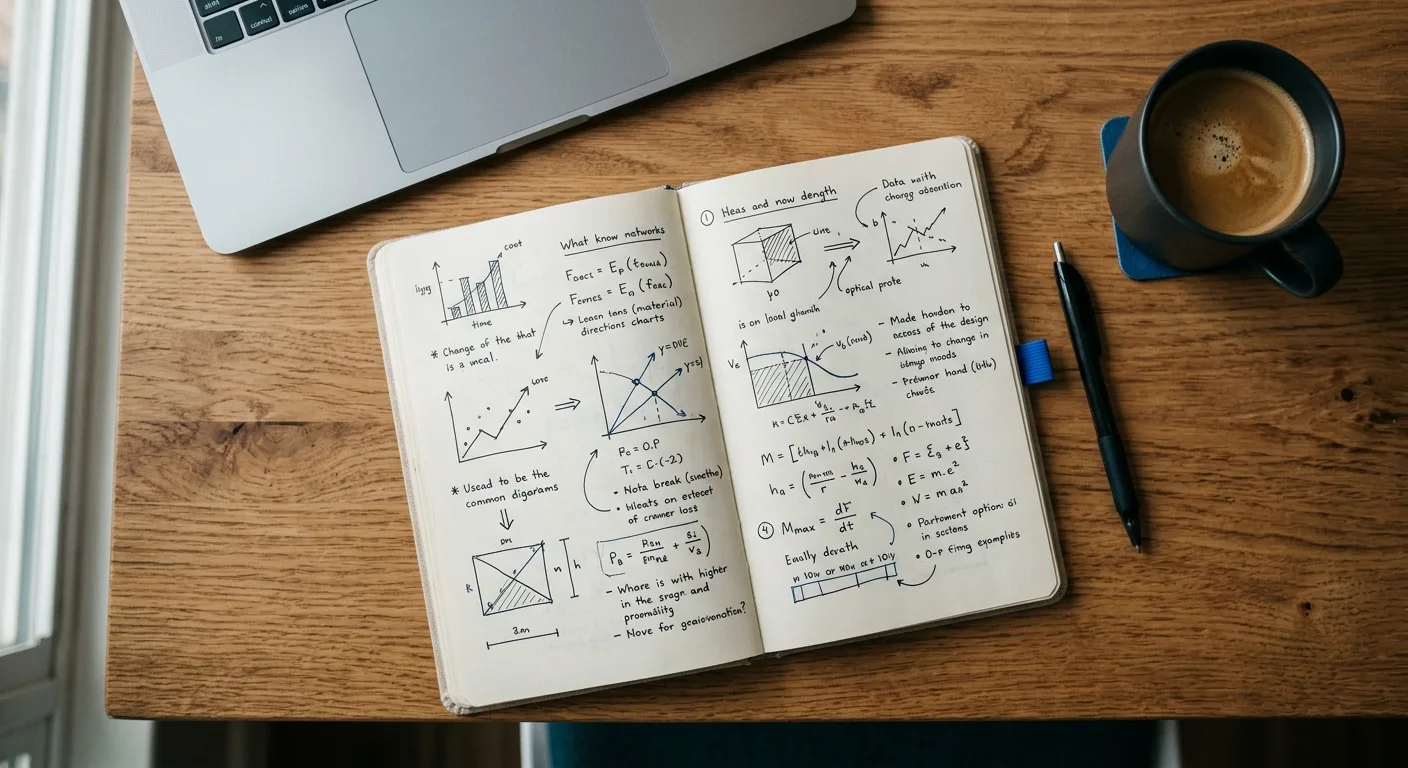 Overhead desk shot with notebook showing a marketing funnel diagram