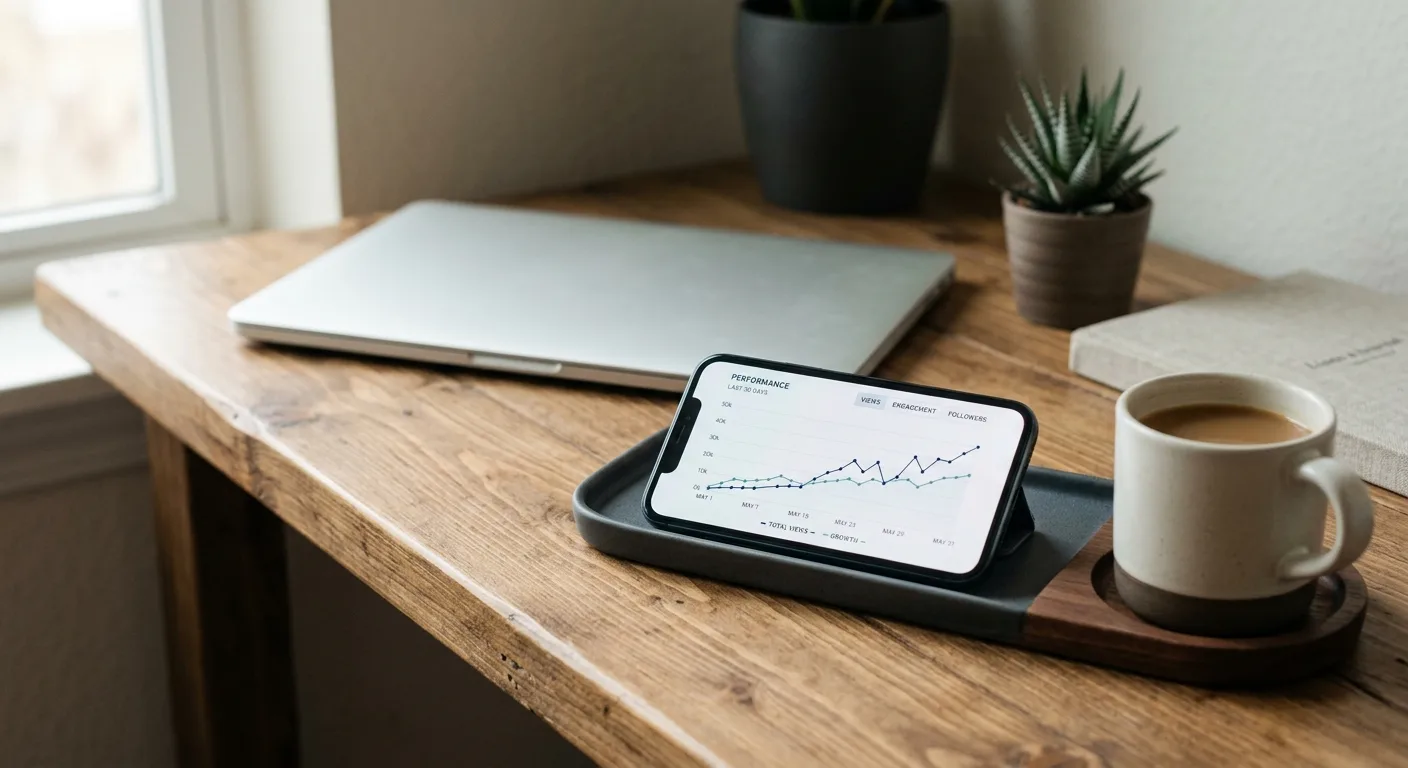 Phone showing a social media ads performance graph on a modern desk
