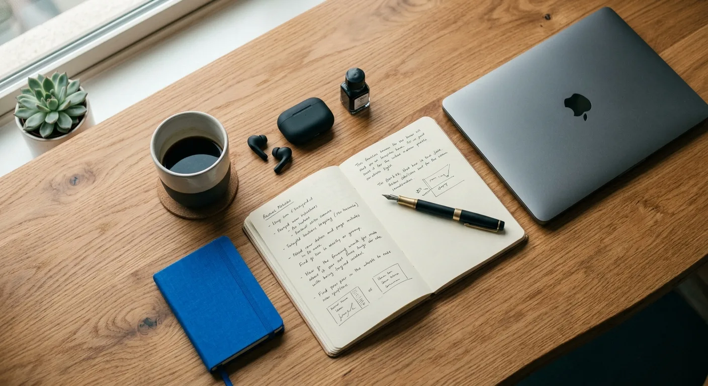 Overhead workspace flat-lay with laptop, notebook and coffee