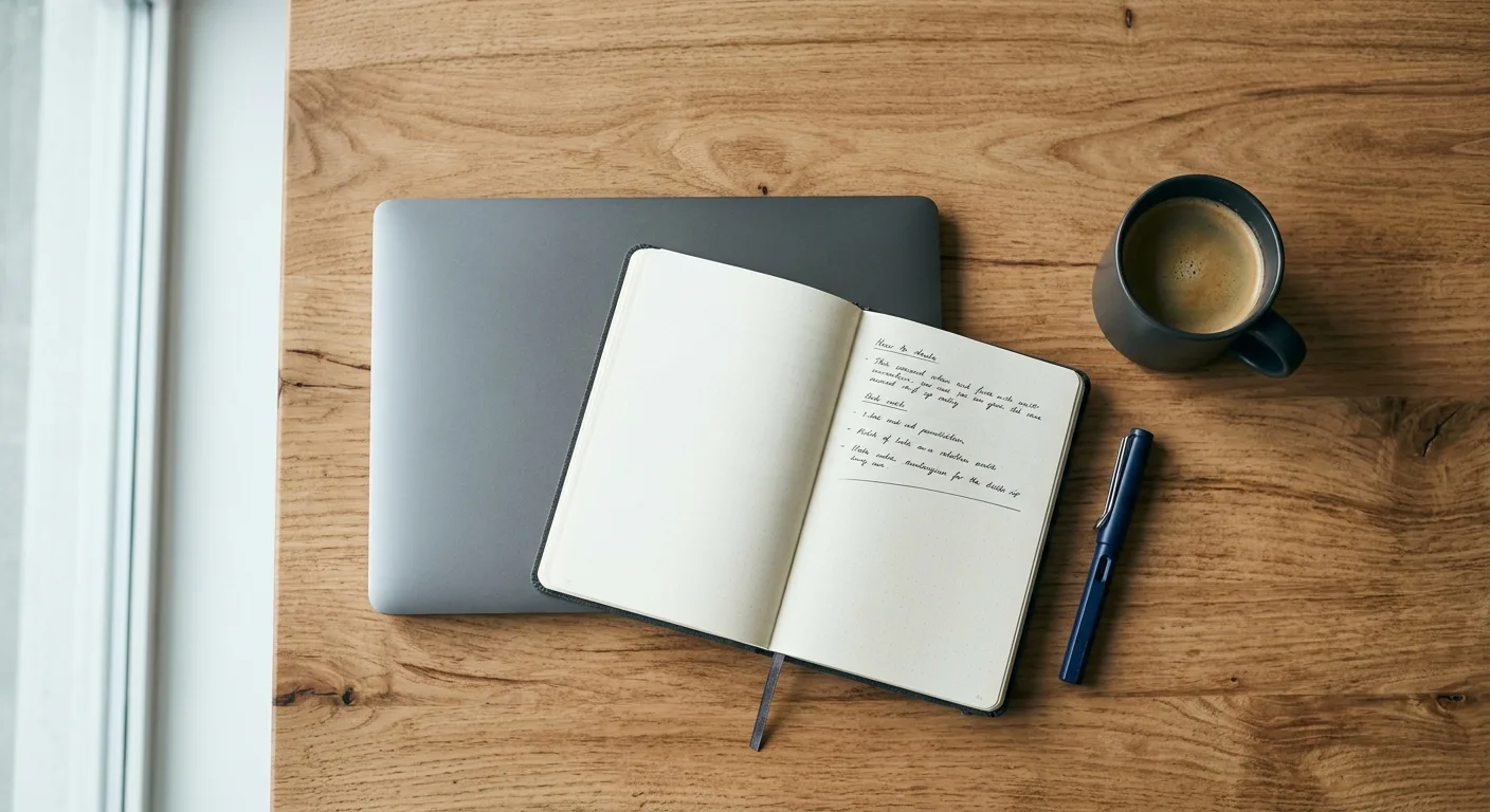 Overhead workspace flat-lay with laptop, notebook and coffee