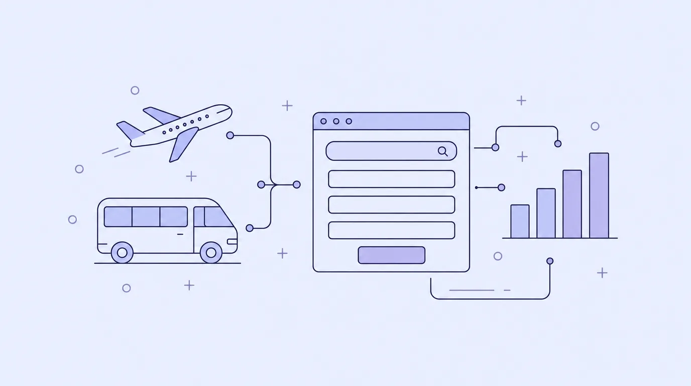 Line-art of a shuttle van and aeroplane connected to a website quote form and a rising bar chart