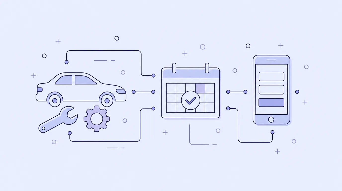 Line-art of a car, spanner and gear connected to a booking calendar with a tick and a phone form