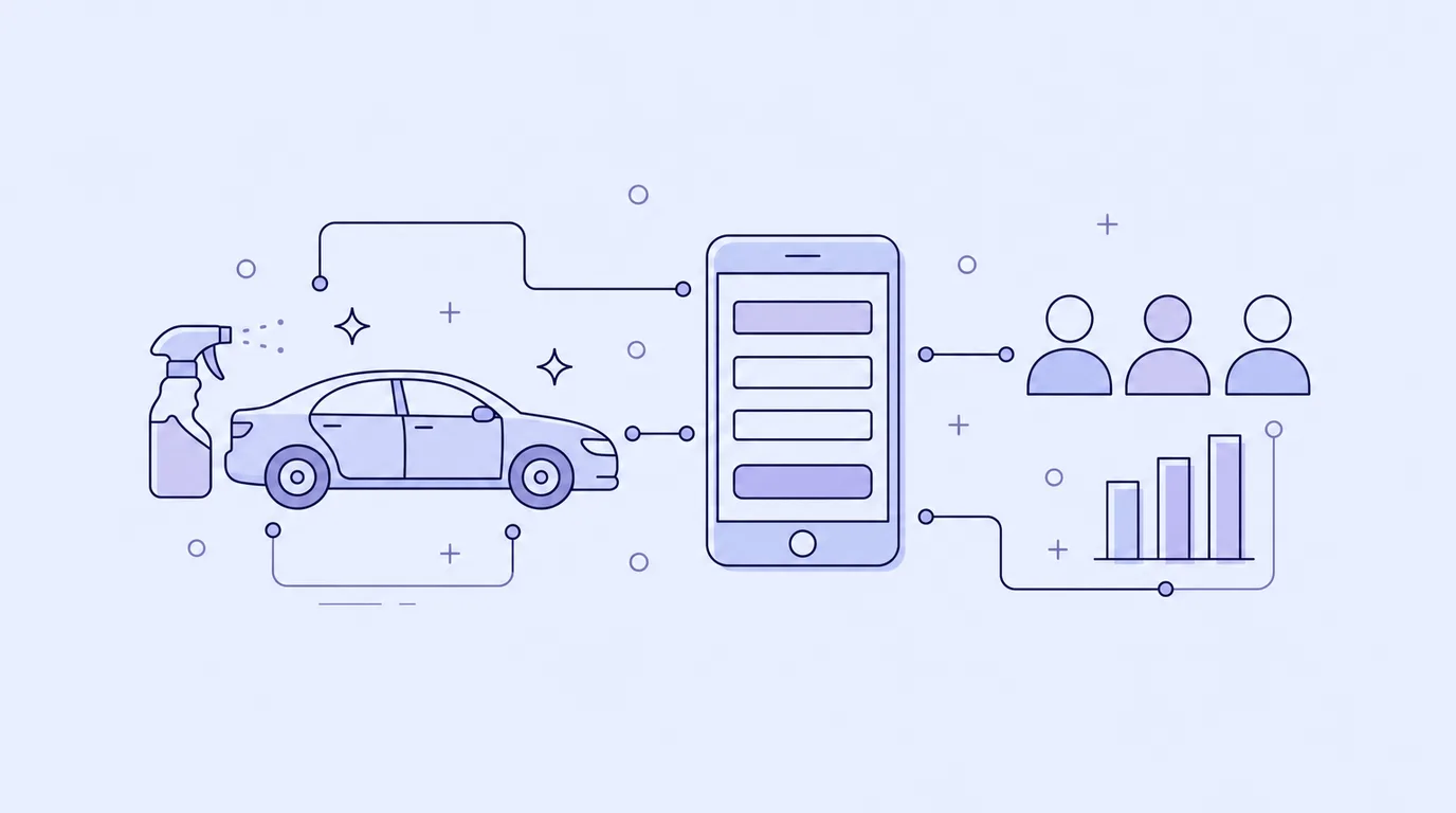 Line-art of a car with sparkles and a spray bottle connected to a phone lead form, people icons and a bar chart