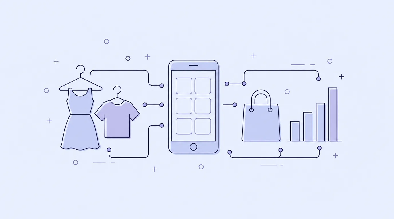 Line-art of a dress and T-shirt on hangers connected to a phone product grid, a shopping bag and a rising bar chart