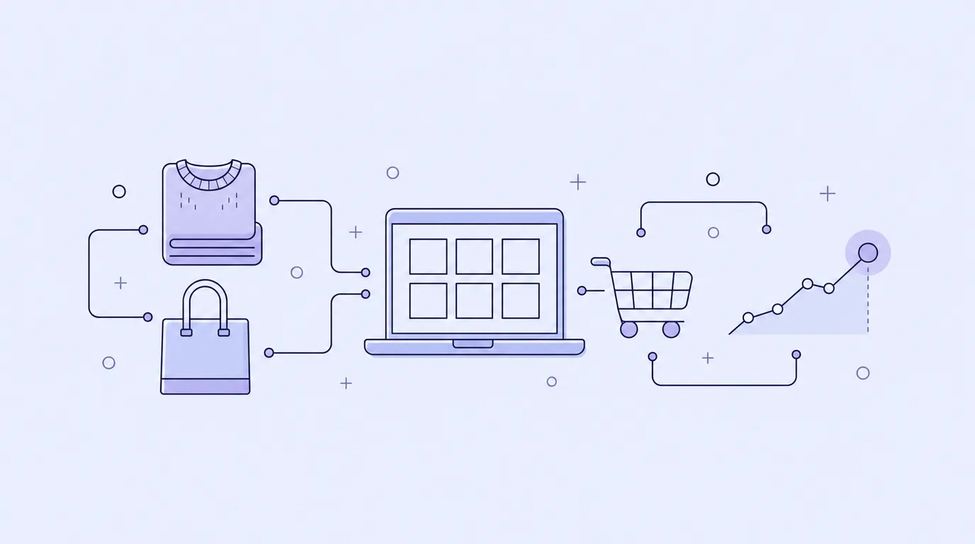Line-art of a folded jumper and tote bag connected to a laptop product grid, a shopping cart and a line chart reaching a peak