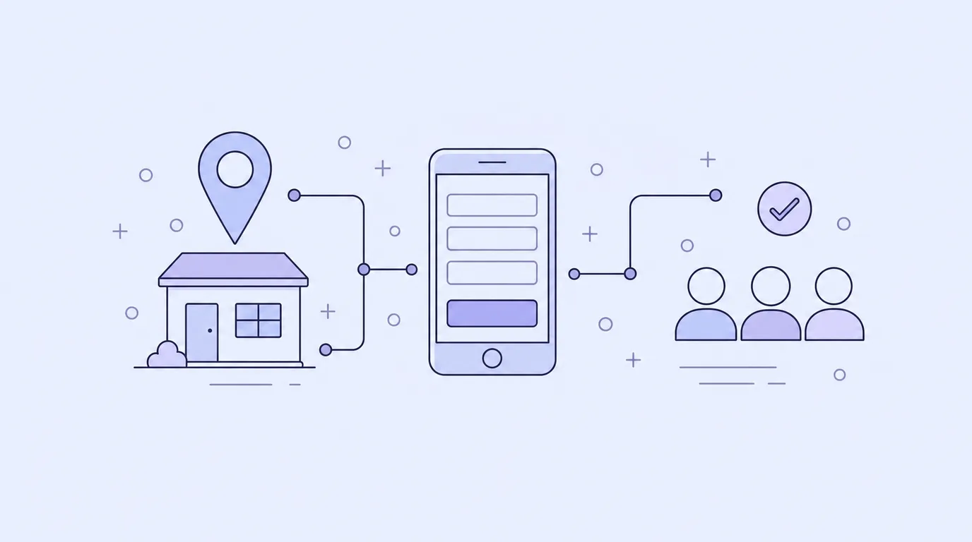 Line-art of a map pin above a house connected to a phone lead form and three people with a tick