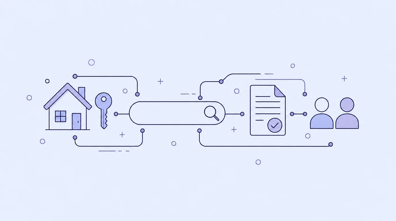 Line-art of a house and key connected to a search bar, an approved loan document and two people