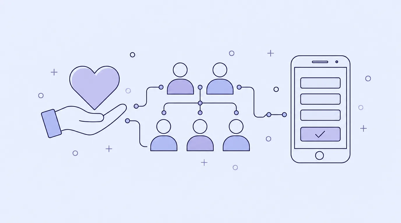 Line-art of a heart in an open hand connected to a group of five people and a phone sign-up form with a tick