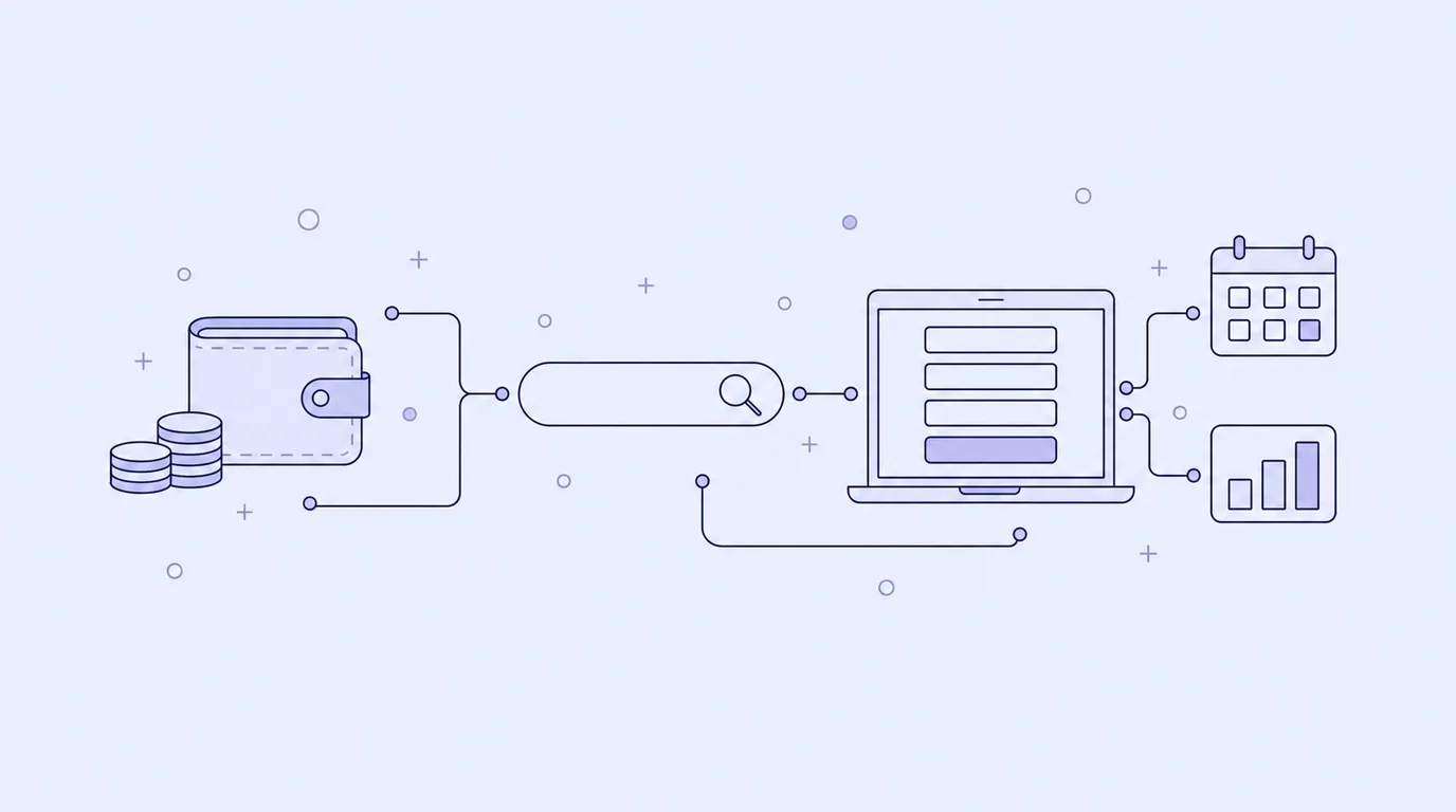 Line-art of a wallet and coins connected to a search bar, a laptop loan application form, a calendar and a bar chart