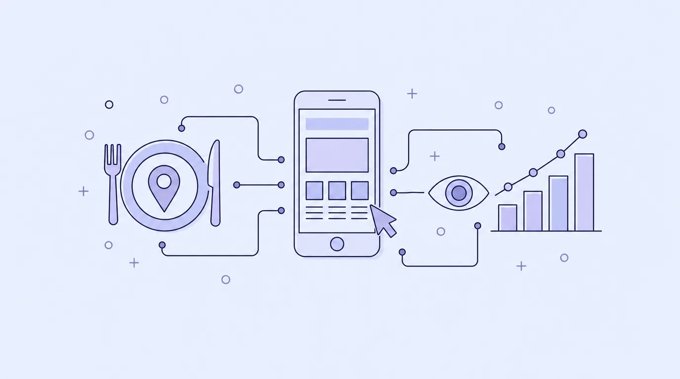 Line-art of a plate with a map pin connected to a phone web page, a cursor, an eye icon and a rising chart