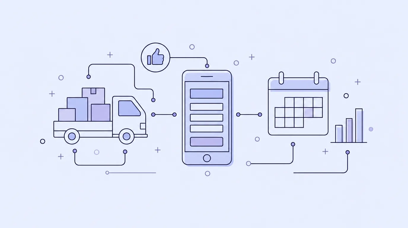 Line-art of a small truck loaded with boxes connected to a phone quote form, a calendar and a rising bar chart