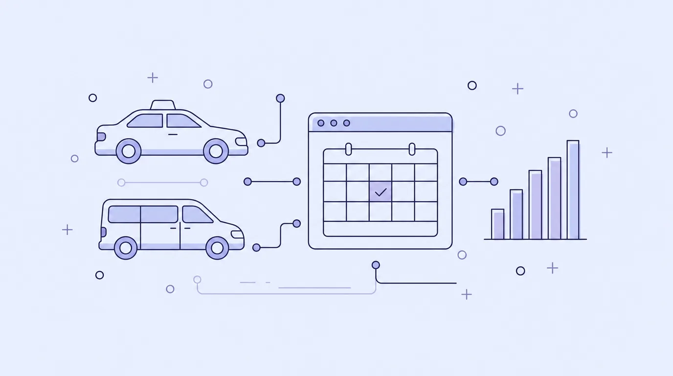 Line-art of a taxi and a shuttle van connected to an online booking calendar with a tick and a bar chart